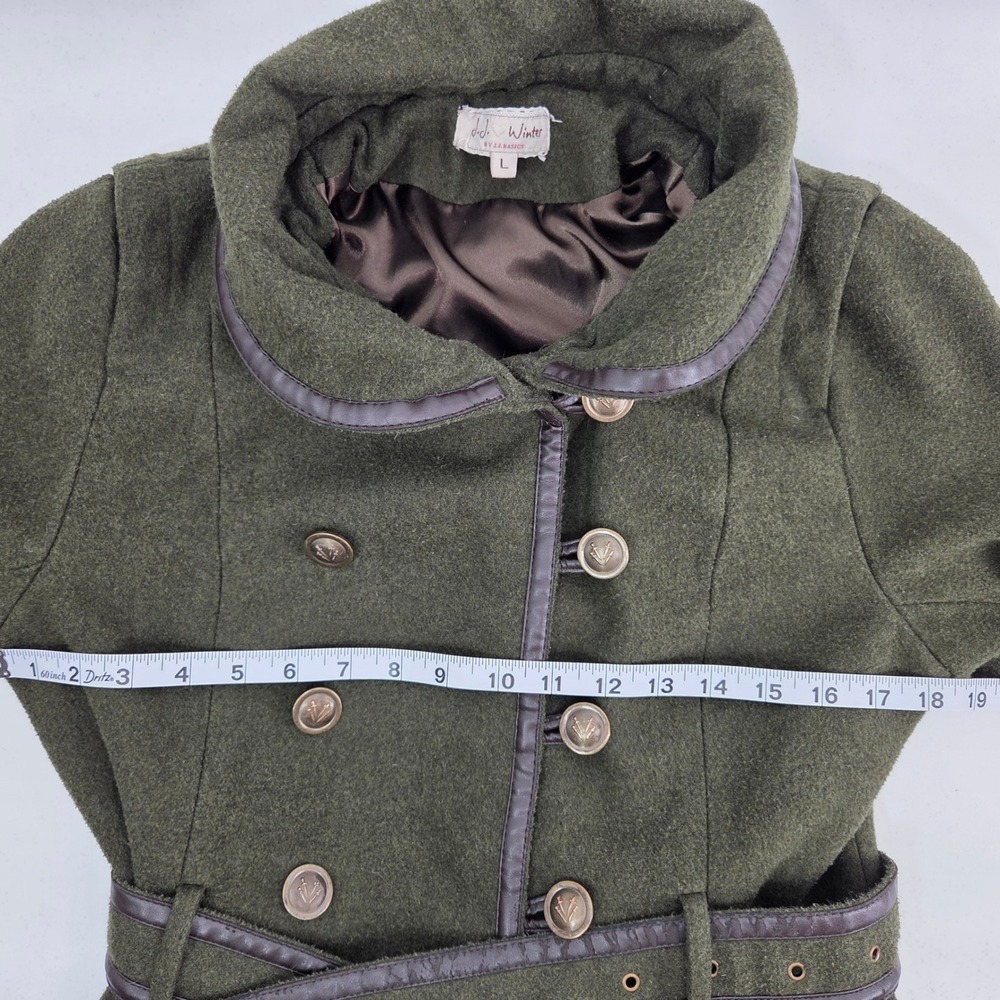 J.J. Basics Women's Large Green Double Breasted Wool Blend Coat Faux Leather - Picture 6 of 12